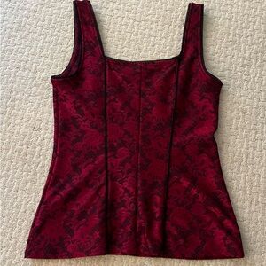 Elegant red and black brocade top with a square neckline.